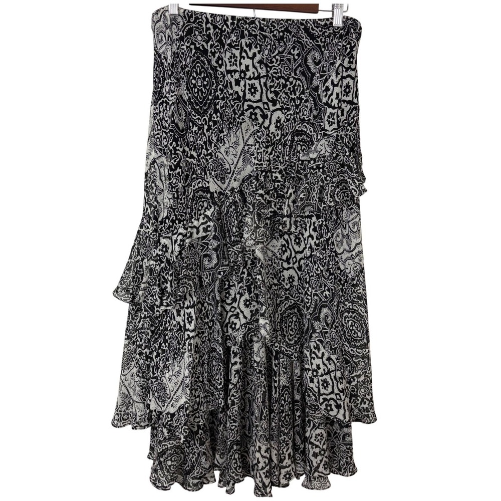 Lauren Ralph‎ Lauren Silk Black Beige Skirt Flowy Dark Fairy Tiered Vintage Sz M